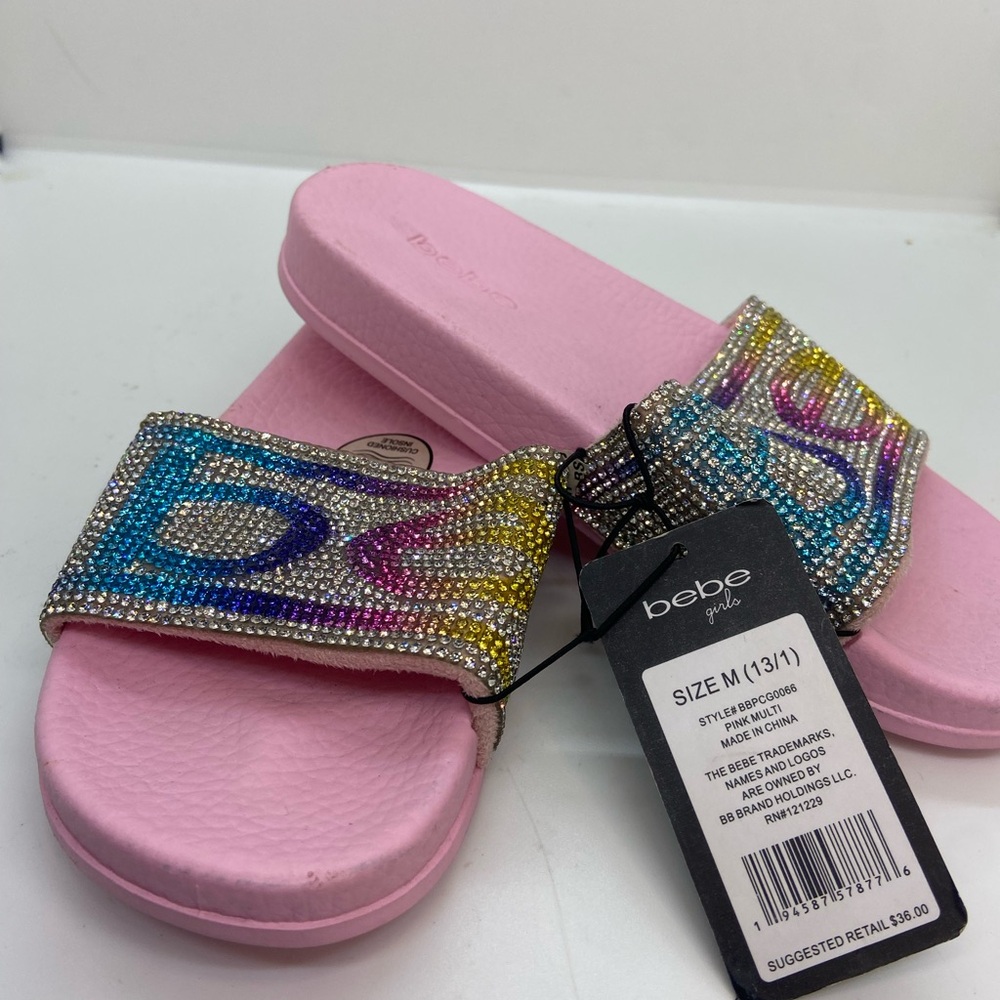 NWT Bebe Girls Pink Rainbow Rhinestone Slide Sandals Size 13/1
